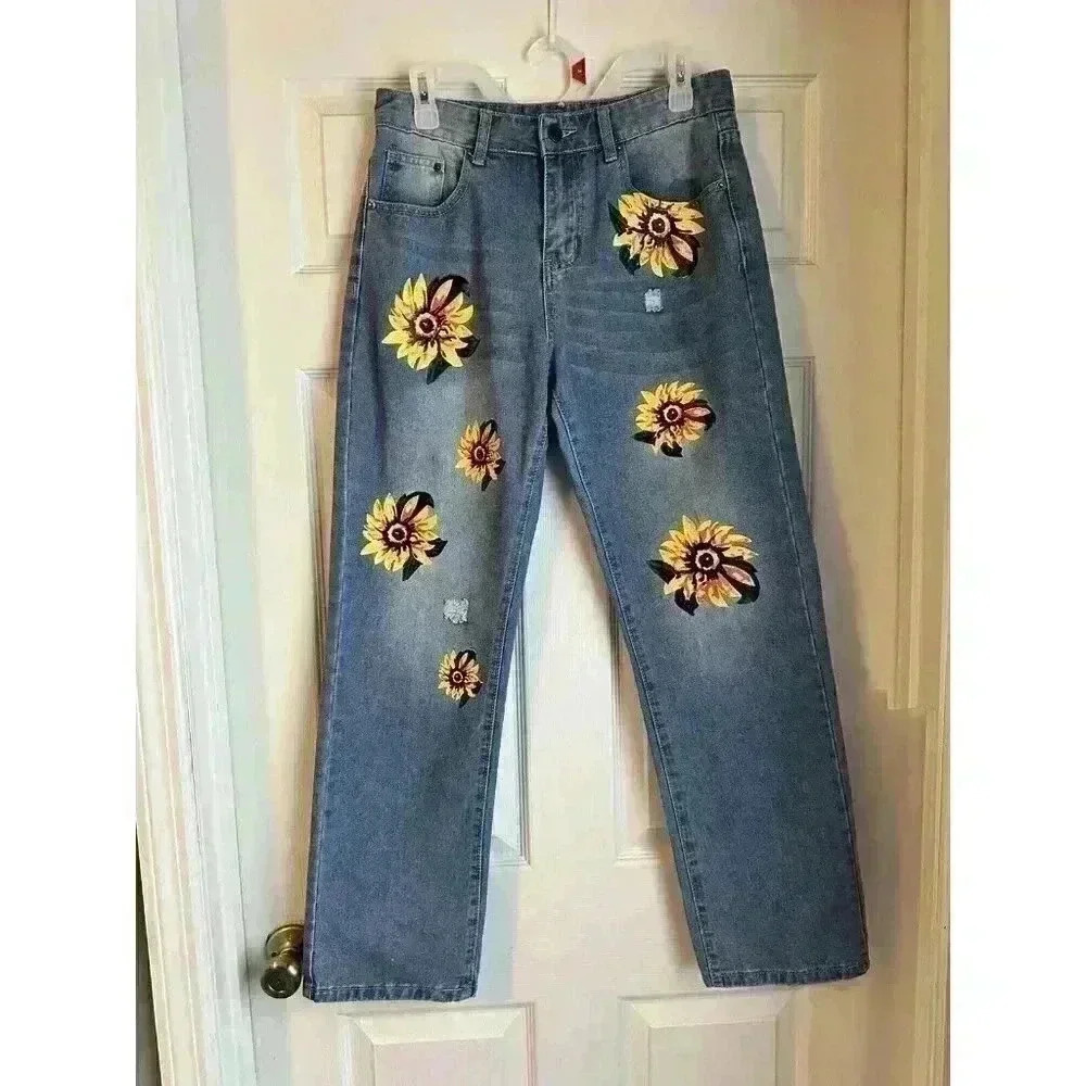 Misslook Women's Large Sunflower Denim Jeans Size S 90s Y2K Vintage Look